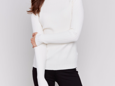 Mock Neck Ribbed Fine Knit - Ecru For Sale